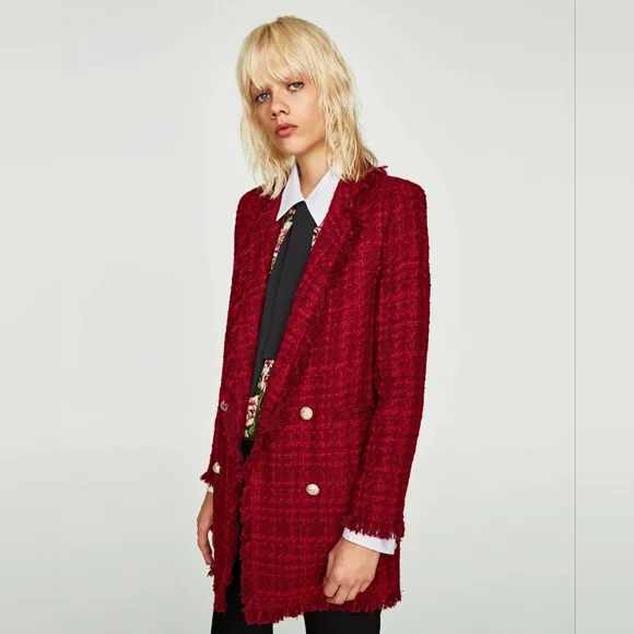 Zara Blogger Favorite Burgundy Red Frayed Tweed Boucle Jacket Size S - Picture 5 of 15